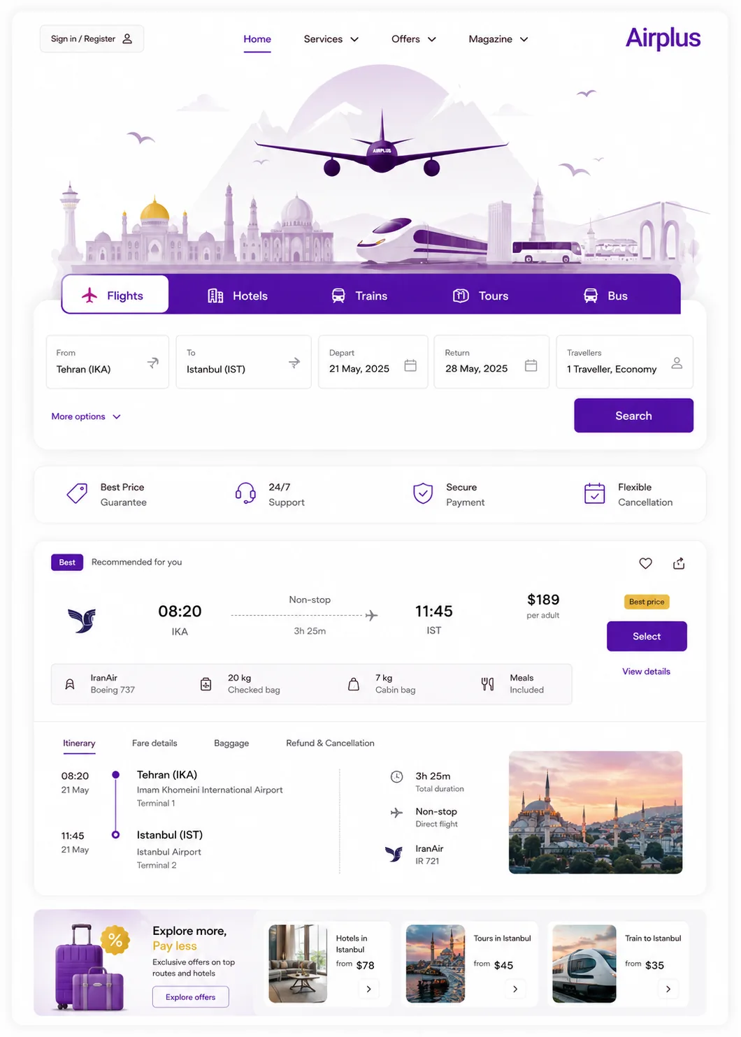 Airplus — traveller booking site: search, flight results, and trip details